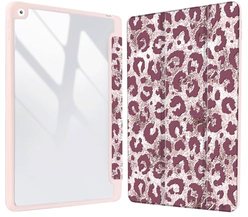 Vozehui 10.2 Zoll rosa Leopard Print Fall für iPad 9th/8th/7th Generation Fall mit klarer Rückseite Shell mit Bleistifthalter,iPad Schutzhülle mit Auto Sleep Wake für 10.2 Zoll 2021/2020/2019