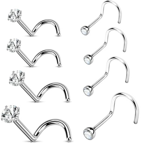 Voarge 8 st 20G näspiercing ring Nostril örhänge näsa glitter ringar studs S böjda örhängen, smycken piercing dam 1,5-3 mm rund hjärta stjärna näsa ring skruv smycken