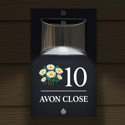 Custom Signs Solar Illuminated Modern Anthracite Grey House Number Sign 24cm x 14.5cm Blooming Daisy Design