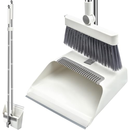 YGNNBC Long-handled broom and dustpan set, windproof broom combination, 180-degree rotating brush head with upright dustpan, suitable for indoor and outdoor cleaning. (white)