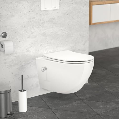 LuxeBath WC Suspendido con Función Bidé Blanco Brillante de Cerámica sin Borde, Inodoro Colgante Largo 54cm con Nanorecubrimiento Descarga Profunda de Tornado para Baño, Wáter con Asiento Extraíble