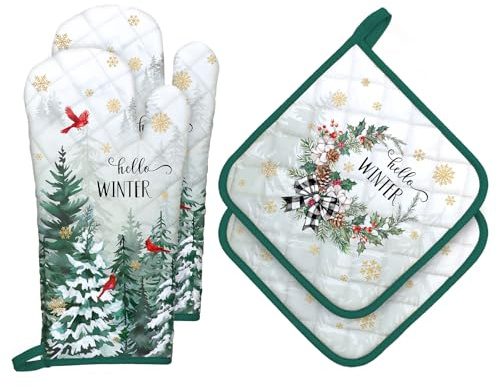 Arquiel Weihnachten Wald Ofenhandschuh und Topflappen 4er-Set Baumwolle | Baumwoll-Küchenset mit Weihnachten Wald-Motiv, hitzebeständig und praktisch zum Kochen, Backen und Grillen.