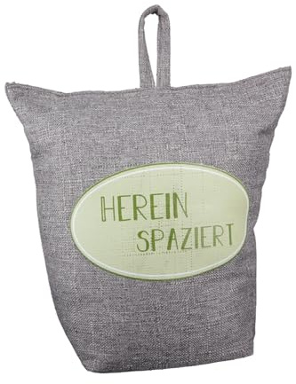CULT at home Türstopper Sack schwer 1 kg – Türstopp aus Stoff grau mit Schriftzug Hereinspaziert – Doorstopper Floor Balkontür Stopper Tuerstopper Höhe 20 cm