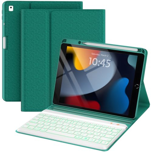 OYEEICE Tablet-Tastaturhülle ist kompatibel mit dem iPad der 9/8/7 Gen 10,2 | verfügt über einen Stiftschacht, eine magnetische 7-farbige Hintergrundbeleuchtung, Klassischer Stil