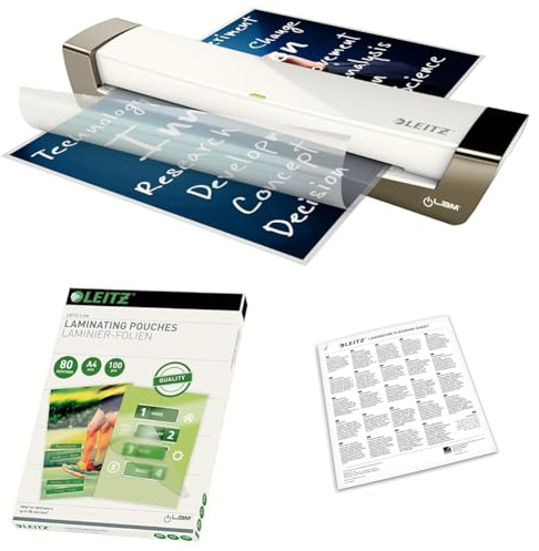 Leitz iLAM Set A3 Laminiergerät, Für 80 bis 125 mic Laminierfolien, 72530084 + Heißlaminierfolien A4 80 mic im 100er Pack, 33818 + Premium A3/A4-Reinigungsblätter für Laminiergeräte 5er-Pack, 72550000