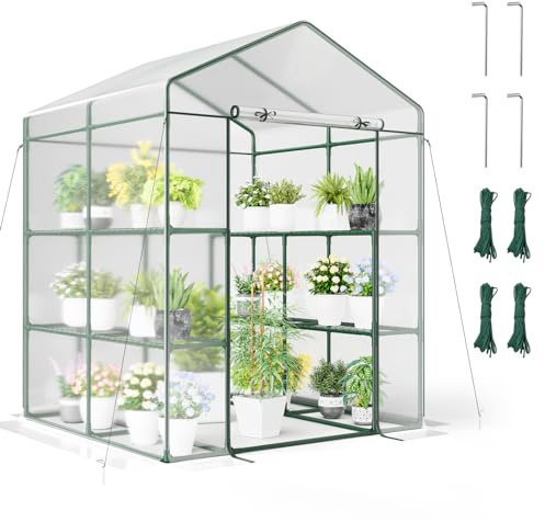 COSTWAY Serre de Jardin Extérieure Couverture en PVC, Serre de Plain-Pied avec 4 Niveaux et 8 Étagères Porte Zippée Roulante Cadre en Métal, pour Jardin Cour, 139 x 144 x 195 cm