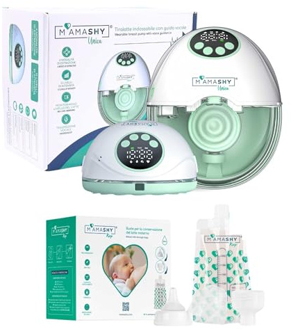 MAMASHY Unica START – Tiralatte Elettrico Portatile e Silenzioso | 6 Taglie, Guida Vocale IT, 4 Modalità, 12 Intensità, 5 Adattatori Silicone, Funzione Memoria, 20 Sacchetti Latte, Accessori