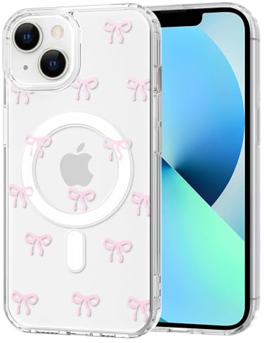 TVVTPU Magnetisch Hülle für iPhone 13 Mini 5,4 Zoll, Kompatibel mit MagSafe, Aesthetic Schleifen Muster Handyhülle Nie Vergilbung Dünne Transparent Hard PC Rückseite Stoßfester Kratzfest Case, Rosa