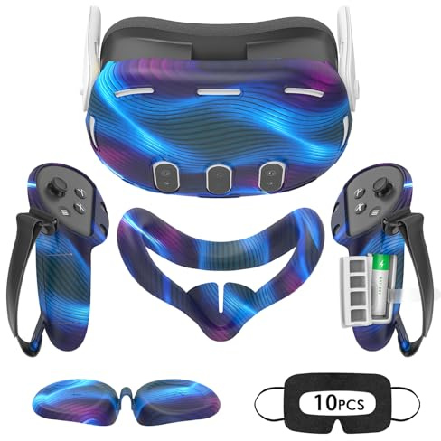Tyasoleil VR Silicone Case Compatible with Meta/Oculus Quest 3, VR Accessory Set, Include Controller Grip Leather Cover, VR Shell Cover, Face Cover, Lens Cover (Aurora Blue 1)