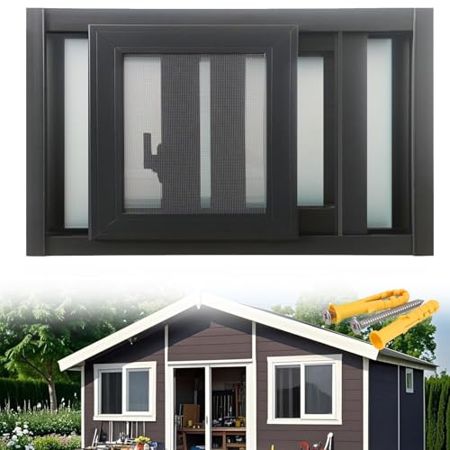 Schiebefenster aus Aluminium mit Sicherheitsschloss, Dunkelgrau, 63 x 60 cm, perfekter Ersatz für Balkon, Terrasse und Wohnraum, stilvolles Design