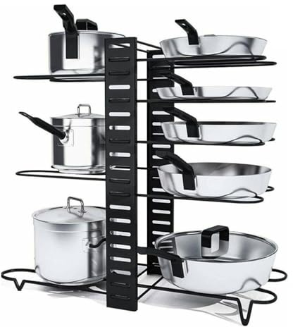 8 Tier Adjustable Pan Organiser for Cupboard: Pots and Pans Organiser Rack Height Adjustable Pan Stand Storage Multiple Use Modes Saucepan Stand for Kitchen Counter and Cabinet