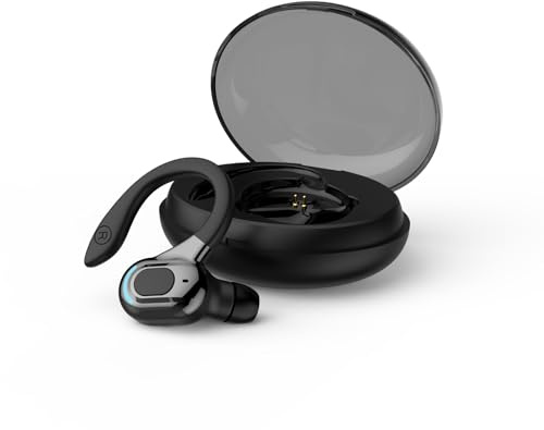 Hands Free Earpiece Single-Ear Bluetooth Headset with Charging Case Wireless Hook Phone Ear Piece IPX5 Waterproof Blue Tooth Over Ear Earphones Lightweight Secure-Fit for Sports Gym Work Driving