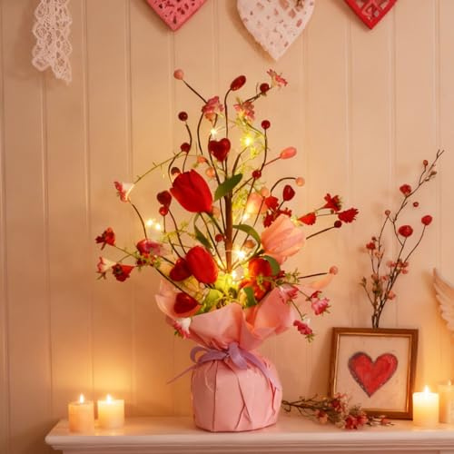 Nexoria Frühlingsdeko Baum Lichter, 40CM Tulpen Lichterbaum mit LED Licht Valentinstag Deko Lichterbaum Led Baum Innen Batteriebetrieben Künstlicher Baum Osterdekoration für Frühling Valentinstag (A)