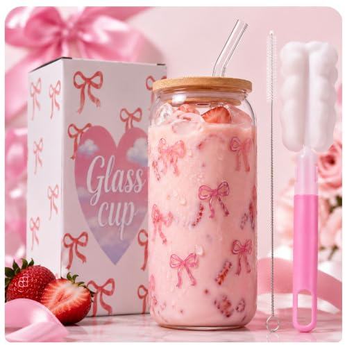 Guilinone Bow Glass Cup with Lid and Straw, 16oz Cute Pink Iced Coffee Glass, Aesthetic Drinking Jar with Bamboo Lid, Gift for Women, Girls, Best Friend