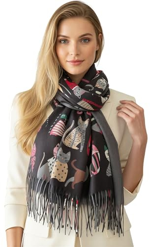 The Accessory Co. Fun Cat Scarf, Cat Gift for Cat Lover, Womens Scarf Lightweight Shawl Wrap, Ladies Pashmina Scarves for Spring Summer Autumn Winter, Gift for Her, Birthday, Mothers Day