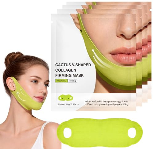 Cactox Cooling V-Up Mask, V-Line Face Lifting Chin Mask with Niacinamide & Hyaluronic Acid, Contour Fit, Jawline Shaper & Neck Firming，Collagen Face Mask for Jawline Care, (4 Pcs)