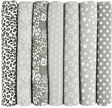 7er Set Baumwollstoff Paket 50 x 50cm, Stoffe zum Nähen, dünnen 100% Baumwolle Patchwork Stoffe Paket, Vorgeschnittene Stoffpakete Patchwork zum Quilten, Nähen, DIY Basteln, Puppenkleidung (Grau)