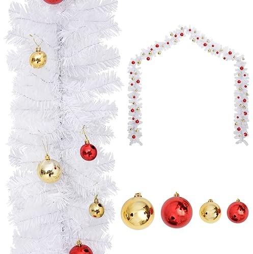 Weihnachtsgirlande Geschmückt mit Kugeln Weiß 10 m PVC mit 900 Zweigen und 32 Kugeln in Gold und Rot für Innen und Außen Weihnachtsdeko zum Schmücken von Geländer Fenster Kamin