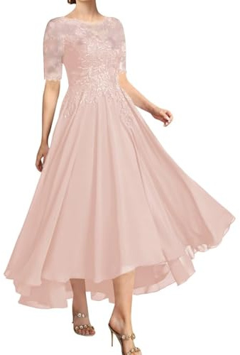 Te längd chiffong brudens mor klänningar för kvinnor båthals formell aftonklänning spets applikation bröllop gästklänning, Rosa rouge, 48 SE/Plus