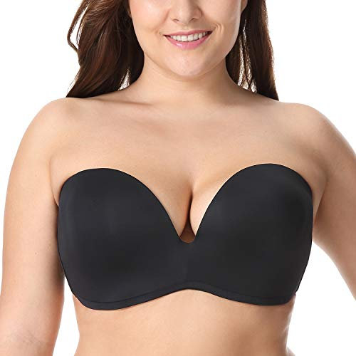 Delimira Women's Strapless Bras for Bigger Bust Push Up Support Lift Plus Size Lightly Padded Seamless Bra Black 36D