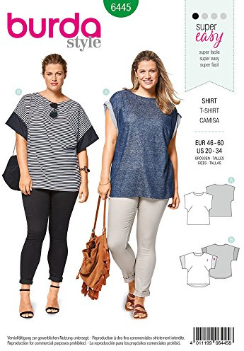 Burda Patron 6445 T-Shirt, Blanc, Tailles EUR : de 46 à 60