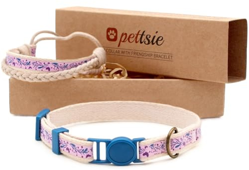 Pettsie Katzenhalsband und Freundschaftsarmband Set, Lila, 12,7-20,3 cm | Sicheres Design, Weiche Baumwolle, D-Ring für Zubehör, Einfach Einstellbar