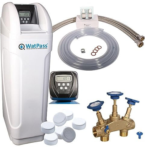 WatPass® Kalk 10000 Starterset - EN | Wasserenthärter Set| Montageblock | 25 kg Regeneriersalz | Anschlussset| Clack Ventil Mengensteuerung | Entkalkungsanlage für Haushalte bis 7 Personen