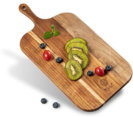 BILL.F Acacia Holz Schneidebrett mit Griff 38x19x2,2cm, Holz Charcuterie Board Paddle Cheese Board Serving Boards für Küchenfleisch, Pizza, Käse, Brot, Gemüse und Früchte