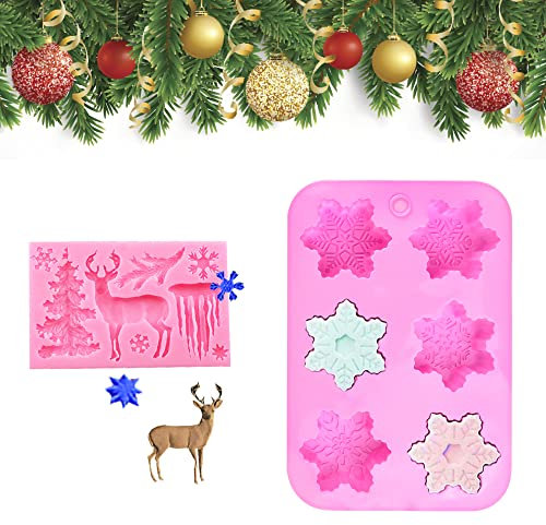 DECARETA Stampo in Silicone per Natale Stampo in Silicone per Fiocchi di Neve e Cervi di Natale Stampo per Dolci e Cioccolato Stampi per Cottura per Gelato Muffin Biscotti Sapone