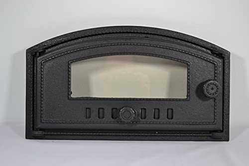 SEZAM Backofentür aus Gusseisen mit hitzebeständiger Glasscheibe, nach links öffnend, Pizzaofentür - Brotofen - Steinofentür, 48,5 x 6,5 x 27,5 cm - halbrund, schwarze Bemalung
