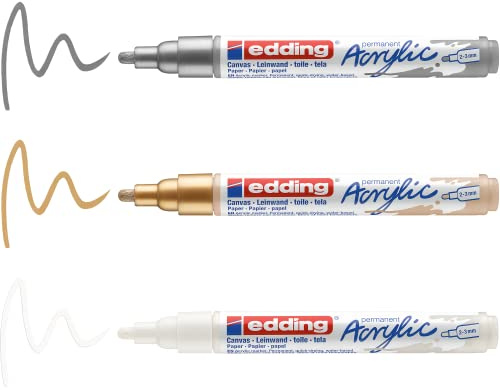 edding 5100 acrylic marker medium - white, gold, silver - 3 waterproof acrylic paint marker - round nib 2-3mm- acrylic paint pen for drawing on canvas, art paper and wood - acrylic markers for pebbles