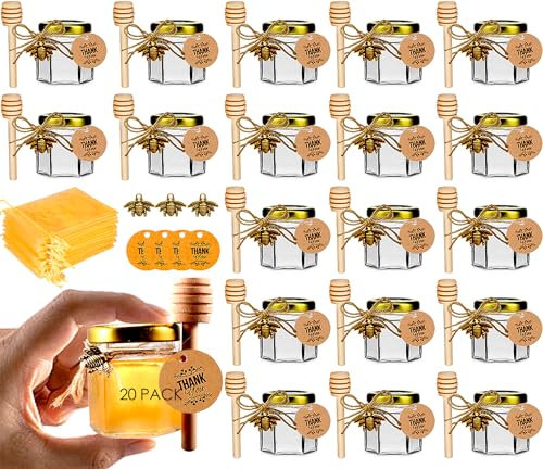 DnayDkiy Kleine Honiggläser, Honigglas mit Honiglöffel, Marmeladengläser mit Bienen Anhänger, Mini Honigtöpfe, Honiggeschenke, Mini Gläser für Baby Shower, Hochzeit Gastgeschenk, 20 Stück 45ml