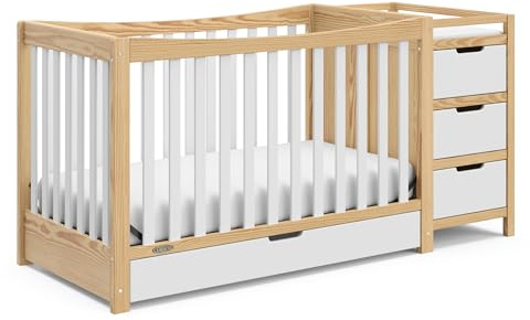 Graco Remi 4-in-1 Convertible Crib & Changer (White & Natural) – GREENGUARD Gold Certified, Fits Standard Crib Mattress, Converts to Toddler Bed and Full Bed, 4 Adjustable Mattress Heights