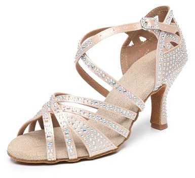 Rosefinch Chaussures de Danse Latine avec Strass Fond Souple Moderne pour la Pole Dance de Salle de Bal,la Danse de Mariage Chaussures Latines pour Filles et Femmes,Beige 7cm Talon 38 EU