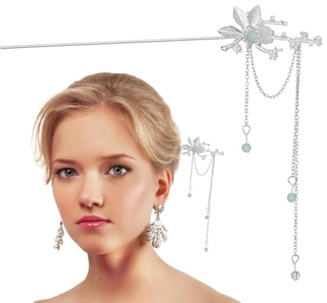 Beavorty Metallhaarstock Chinesische Haargabel Mit Blumen Quaste Retro Haarschmuck Für Damen Mädchen Haardekoration Dutt Hochsteckfrisur Hanfu Accessoires 7.48X5.91In