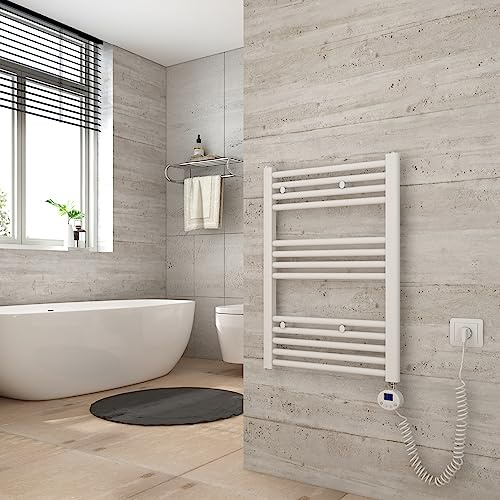 Heilmetz Scaldasalviette elettrico bianco 70x60 cm,Radiatore elettrico con termostato digitale e funzione Timer per asciugamani,Asciugatore elettrico per asciugamani,300 W