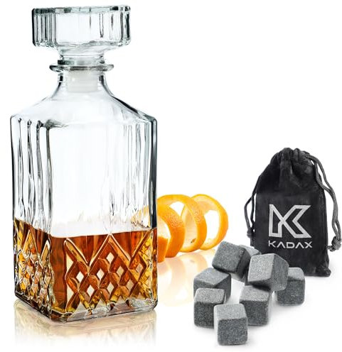 KADAX Dekanter für Getränke, Stilvolle Whiskykaraffe für Männer, Klassische Weinkaraffe mit einzigartiger Design, Whiskyflasche als Geschenk (1 Stück + Mit Kühlsteinen SET)