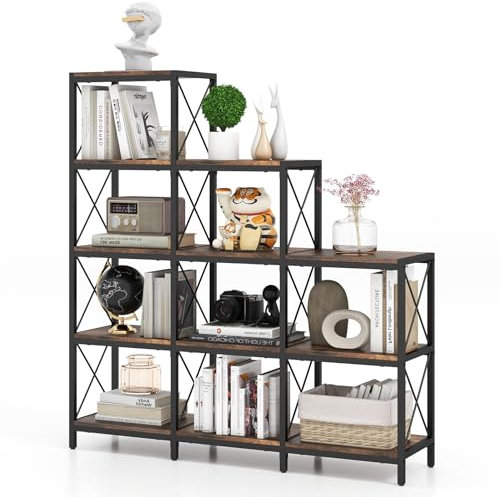 HOMASIS Bücherregal mit 12 Ablageflächen, Leiterregal im Industriestil, Stufenregal aus Holz & Metall, Aufbewahrungsregal für Wohnzimmer, Schlafzimmer, Arbeitszimmer, Büro, 115 x 30 x 130 cm, Braun