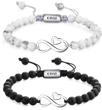 COAI Coppia di Bracciali per Innamorati con Perline di Onice Opaco e Howlite e Charm Infinito
