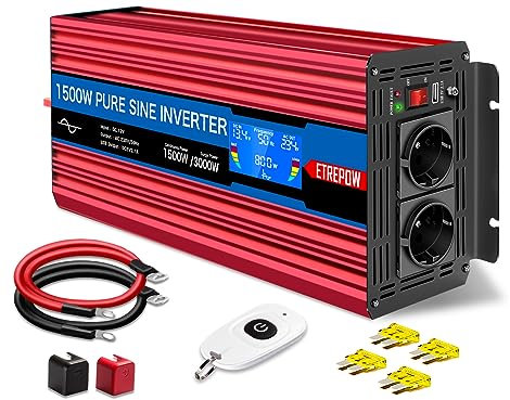 ETREPOW 1500W/3000W Inverter 24v 220v Onda Sinusoidale Pura Trasformatore Con 2 Prese EU e USB, Telecomando Senza Fili,Display LCD