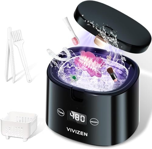 VIVIZEN Limpiador Ultrasonidos Dental Sonic Dental Máquina de Limpieza Para Dentaduras Postizas, Alineadores, Aparatos Ortopédicos, Protectores Bucales,Joyería, Portátil 30W/45kHz (Negro)