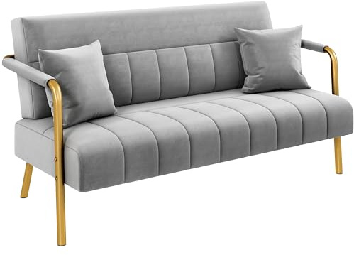 Yaheetech Divano Imbottito a 2 Posti in Velluto Divanetto da Salotto con Braccioli 143,5 cm × 71,5 cm × 75,5 cm Sofa Moderno con 2 Cuscini Divano per Soggiorno Camera da Letto Grigio Chiaro