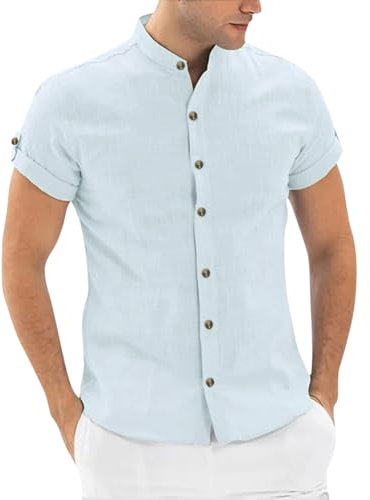 Linneskjorta herr kortärmad – skjorta linne herr – linneskjorta herr 4XL – fritidsskjorta lätt luftig kortärmad skjorta utan ståkrage herrskjortor elegant ståkrage skjorta slim fit strandskjorta,