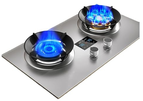 THEGA Stufa A Gas - Fornello A Gas da Cucina, Vetro Temperato Stufe A Gas, Fornello da Cucina Facile da Pulire con Doppio Bruciatore, Fornello A Gas per Uso Domestico con Funzione Timer(LPG)