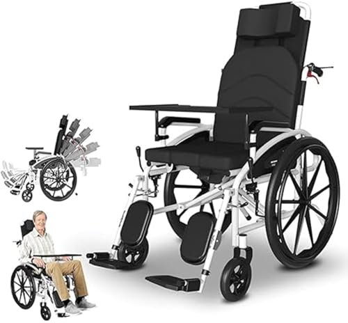 QJWM Reiserollstuhl, Rollstuhl Faltbar Leichter Pflegerollstuhl mit Liegefunktion Tragbar für Erwachsene, Kinder und Senioren Höhenverstellbar A