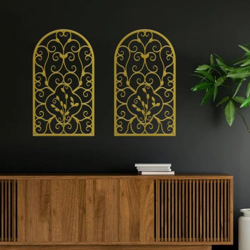 Resama Rustikale Metall Wand Dekor, 2 Pcs Scroll Home Wand Dekor Fenster Bogen Design Moderne Bauernhaus Wand Skulpturen hängen für Wohnzimmer Schlafzimmer Flur Küche (Gold)