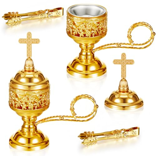 Zonon 2 Sets Incense Burner with Tong, Frankincense Charcoal Incense Stand Holder, Ideal for Yoga, Spa, Aromatherapy, Home and Christian Church Censer (Gold,Classic)