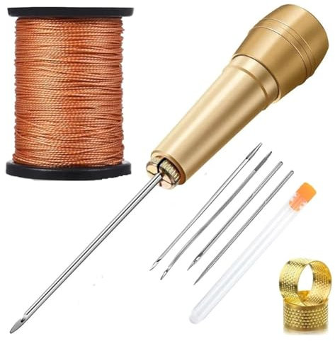 Okeeyseda Juego de Herramientas para Manualidades de, Kit de Reparación, 3 Agujas de Punzón para Coser de Lona, Hilo de Nailon de 50 M y 2 Dedales