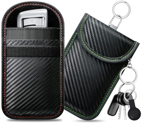 caslord Keyless Go - Funda Protectora para Llave de Coche (2 Unidades, Faraday Bags, Fibra de Carbono, Cuero, Keyless Go, Bloqueador RFID) - 11,5 x 7,5cm(Rojo y Verde)