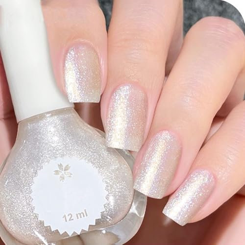 White Glitter Nail Polish - Mermaid Glitter Silver Nail Varnish - Long Lasting Fingernail Polish - No UV Light Needed Breathable Quick Dry Nail Varnish for Women DIY Nail Art at Home (Silver, 12ml)